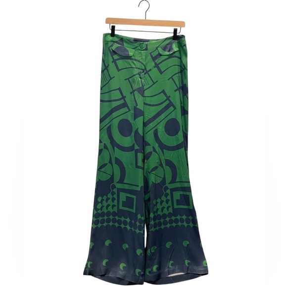 Anthropologie Corey Lynn Calter Green & Navy Printed Wide Leg Pants, Silky, M - Picture 3 of 16
